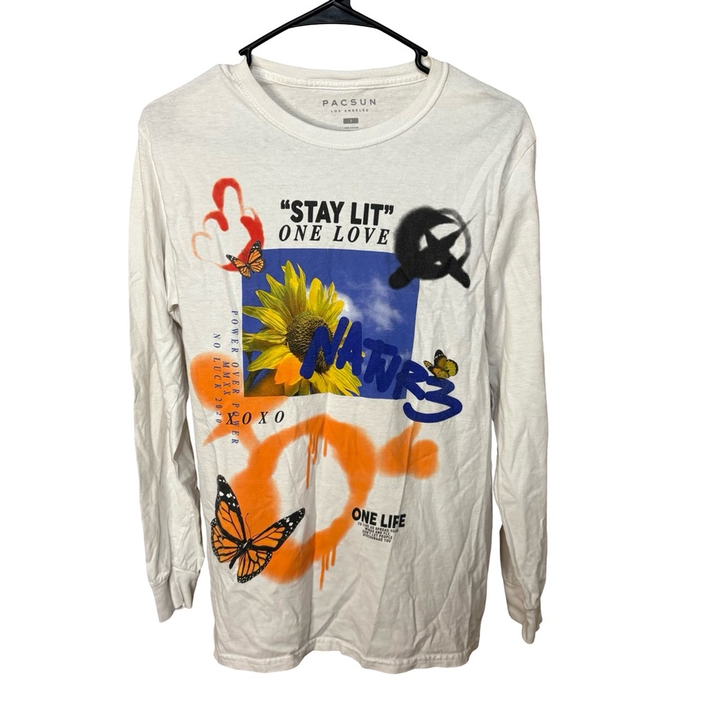 PacSun White and Orange Graphic Tee PacSun "Stay Lit One Love" long sleeve shirt